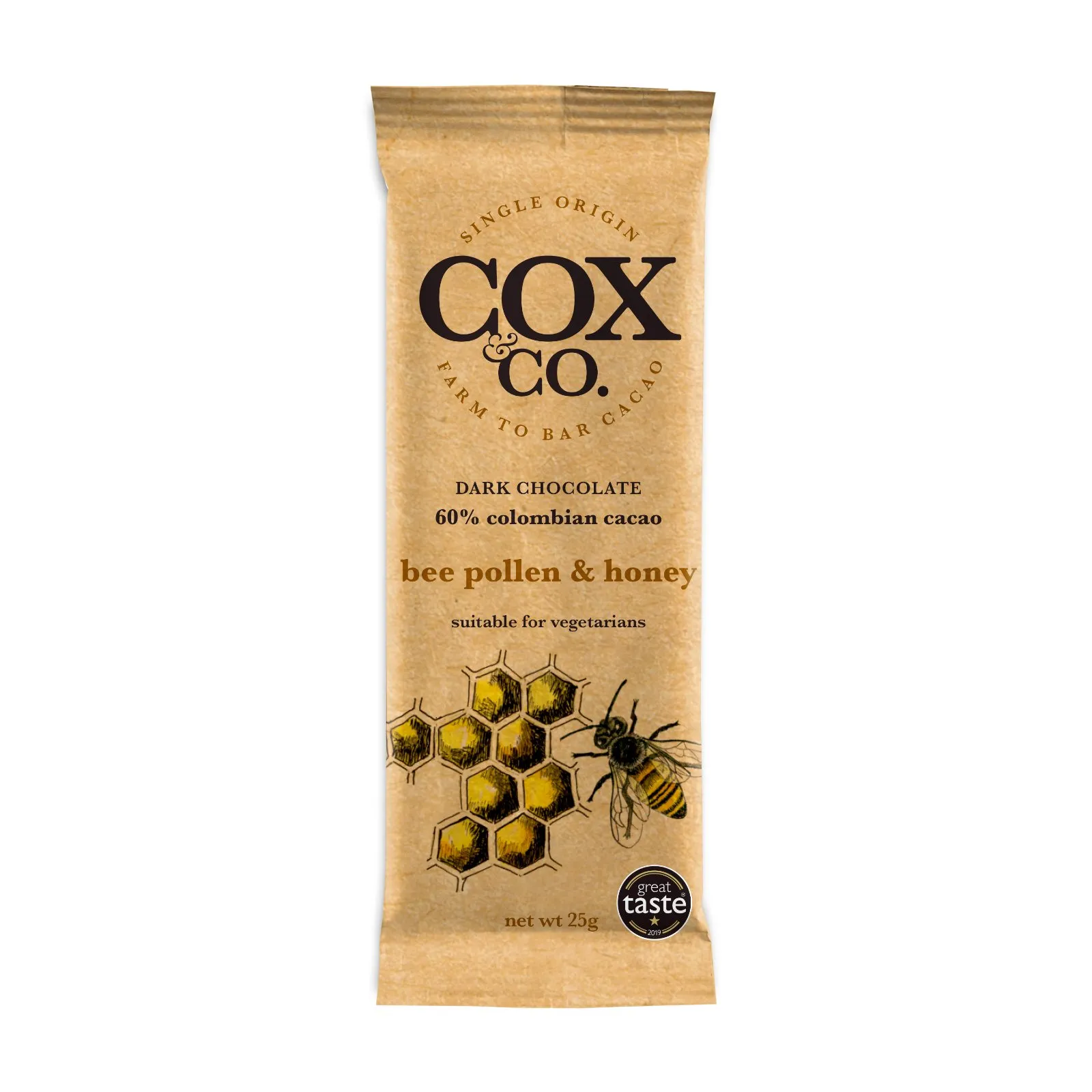 Smooth dark chocolate, honey & bee pollen bar - 25g