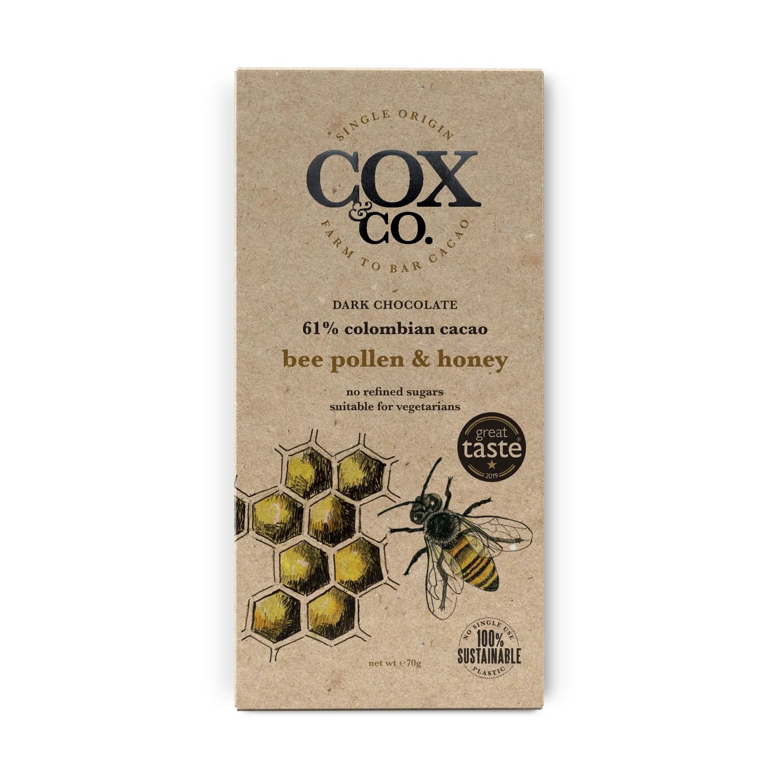 Smooth dark chocolate, honey & bee pollen bar - 70g